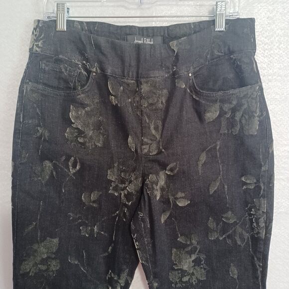 Joseph Ribkoff Jeans 12 Black Floral Velvet Flocked Pull On Stretch Denim Pants - Picture 3 of 10